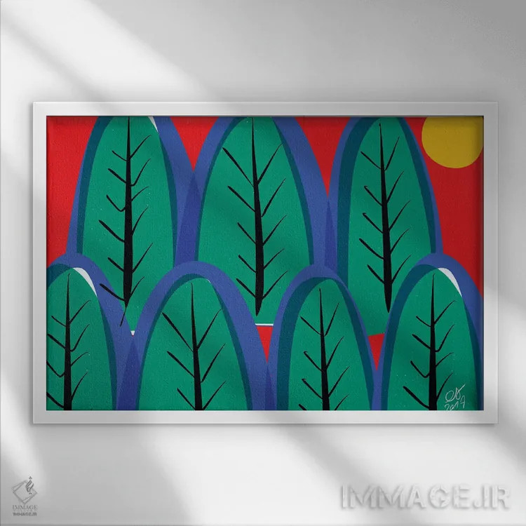 تابلو درختان سبز و آسمان سرخ اثر امانوئل سیگنورینو - نمای قابدار سفید