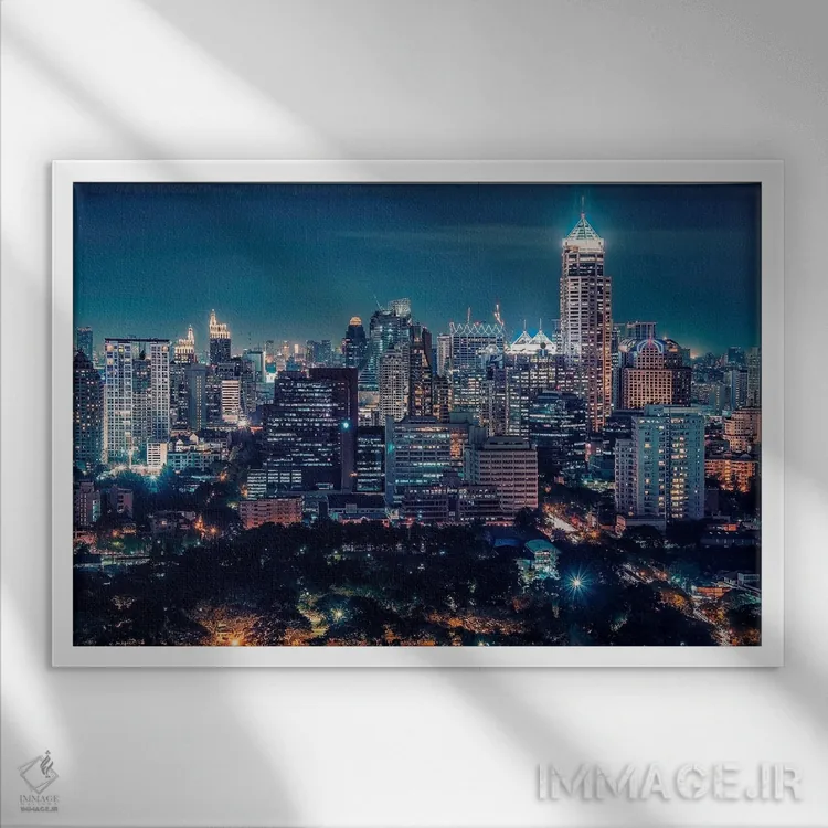 تابلو مرکز شهر بانکوک در شب اثر مانجیک پیکچرز (استودیو عکاسی یا فیلمسازی) - نمای قابدار سفید