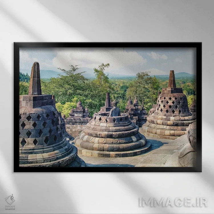 تابلو مجتمع بوروبودور (معبد بودایی اندونزی) اثر مانجیک پیکچرز (استودیو عکاسی یا فیلمسازی) - نمای قابدار مشکی