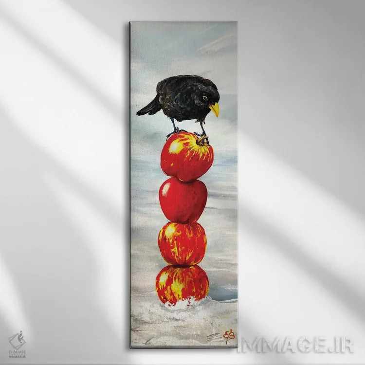تابلو مرغ سیاه و سیبها اثر لنا اسمیرنُوا - نمای روبهرو روی دیوار
