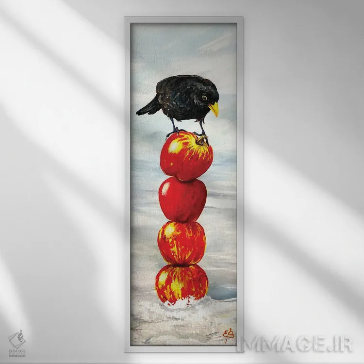 تابلو مرغ سیاه و سیبها اثر لنا اسمیرنُوا - نمای قابدار سفید