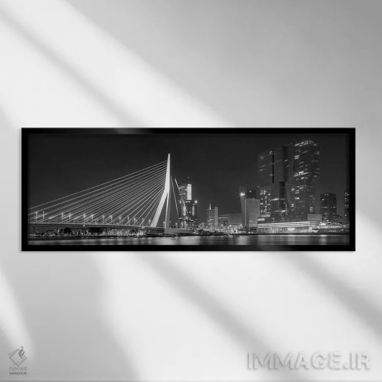 تابلو پل عظیم اراسموس روتردام در شب اثر ملانی ویولا - نمای قابدار مشکی