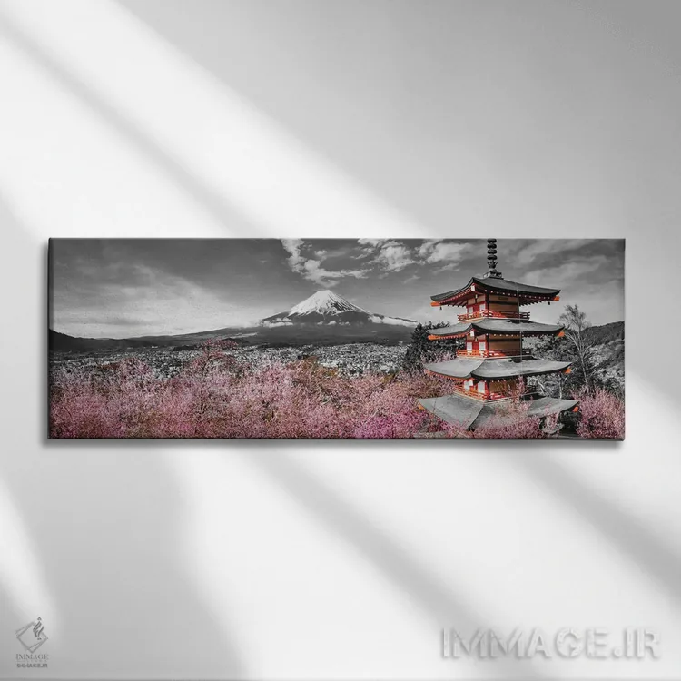 تابلو نمای پانورامای شاعرانه فوجی با پاگودا و درختان گیلاس اثر ملانی ویولا - نمای روبهرو روی دیوار