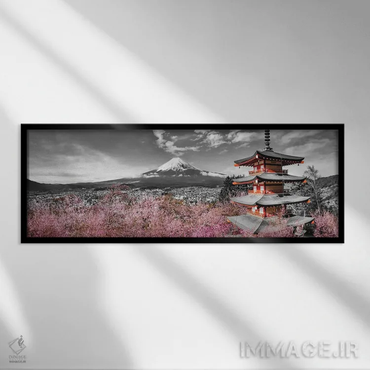 تابلو نمای پانورامای شاعرانه فوجی با پاگودا و درختان گیلاس اثر ملانی ویولا - نمای قابدار مشکی