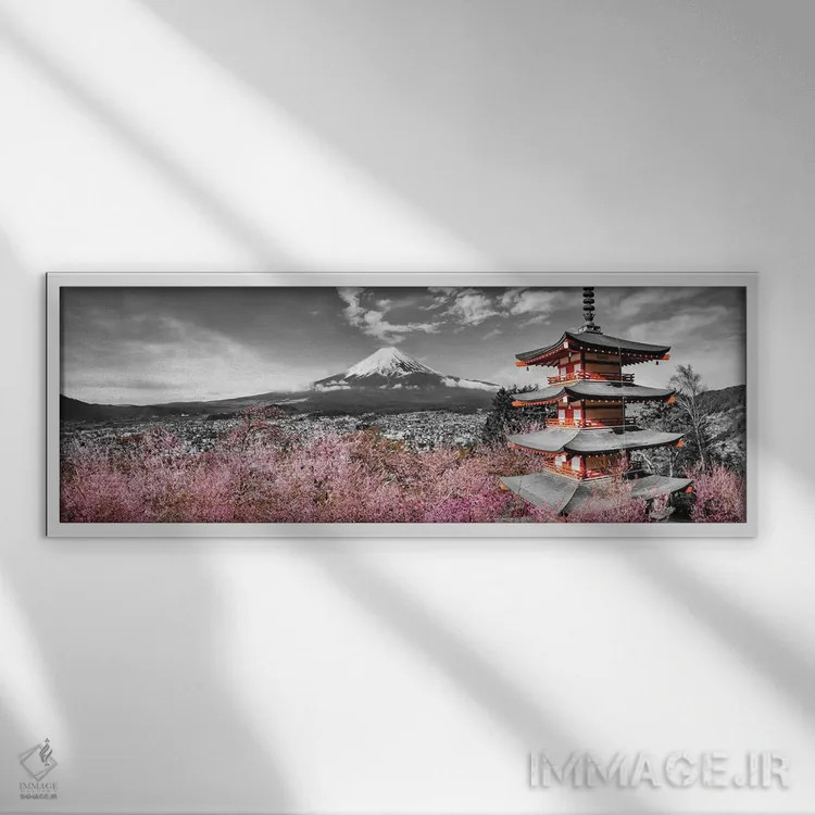 تابلو نمای پانورامای شاعرانه فوجی با پاگودا و درختان گیلاس اثر ملانی ویولا - نمای قابدار سفید