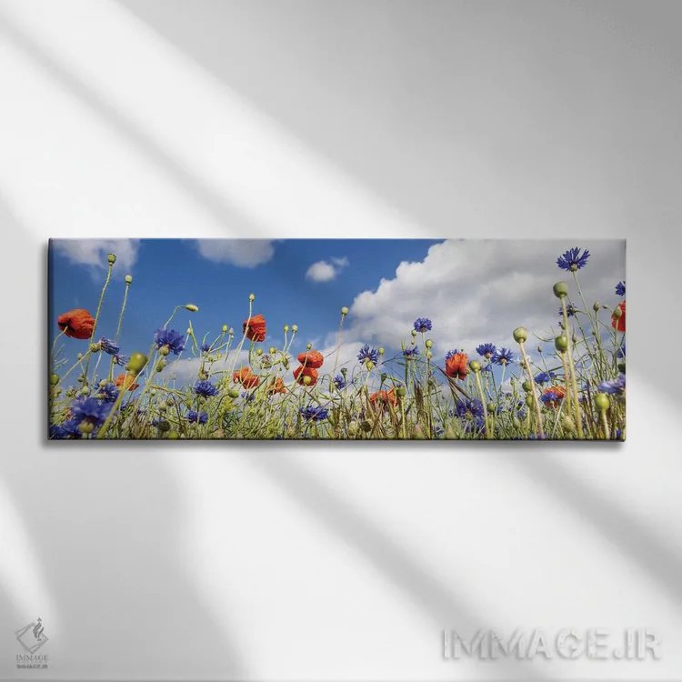 تابلو مزرعه شقایق با گل گندم | نمای پانوراما اثر ملانی ویولا - نمای روبهرو روی دیوار