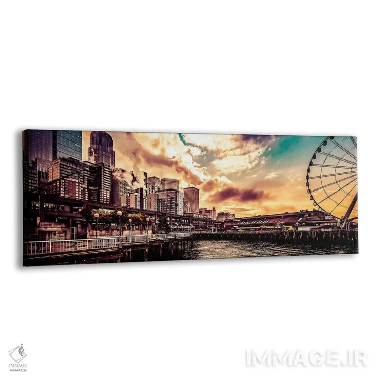 تابلو پانورامای طلوع سیاتل با چرخ بزرگ و اسکله ۵۷ (منظره شهری فیروزهای) اثر نیچر مجیک (برند یا استودیوی هنری) - نمای پرسپکتیو محصول