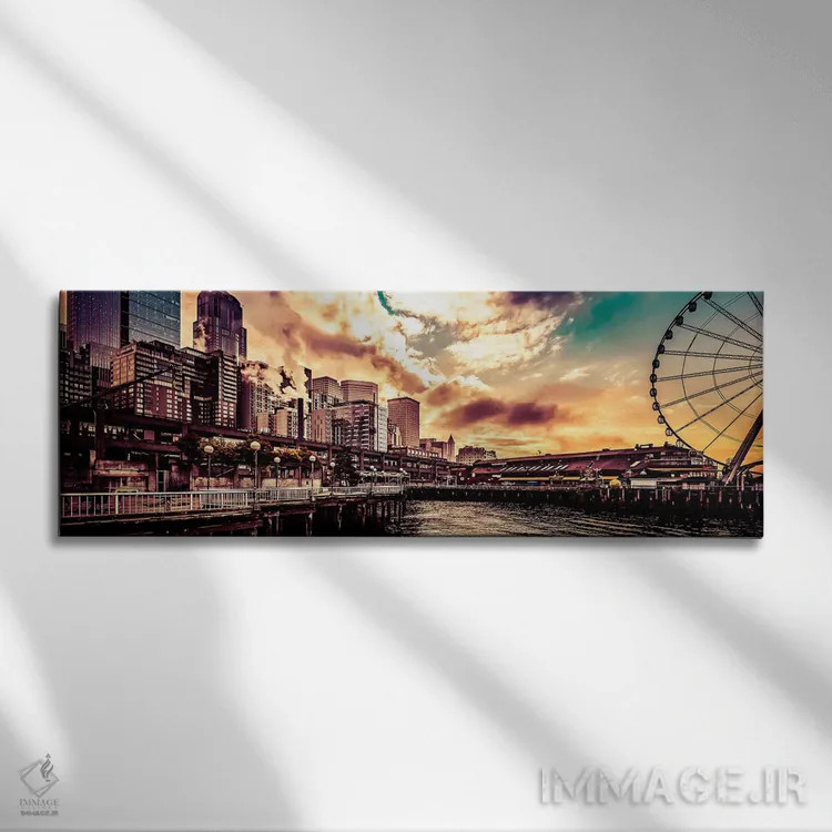 تابلو پانورامای طلوع سیاتل با چرخ بزرگ و اسکله ۵۷ (منظره شهری فیروزهای) اثر نیچر مجیک (برند یا استودیوی هنری) - نمای روبهرو روی دیوار
