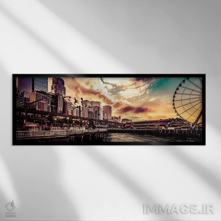 تابلو پانورامای طلوع سیاتل با چرخ بزرگ و اسکله ۵۷ (منظره شهری فیروزهای) اثر نیچر مجیک (برند یا استودیوی هنری) - نمای قابدار مشکی