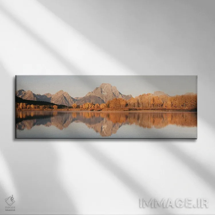 تابلو درختان آسپن پاییزی و بازتاب آب کوه موران با برگهای پاییزی در پارک ملی گرند تتون (غربی) اثر نیچر مجیک (برند یا استودیوی هنری) - نمای روبهرو روی دیوار