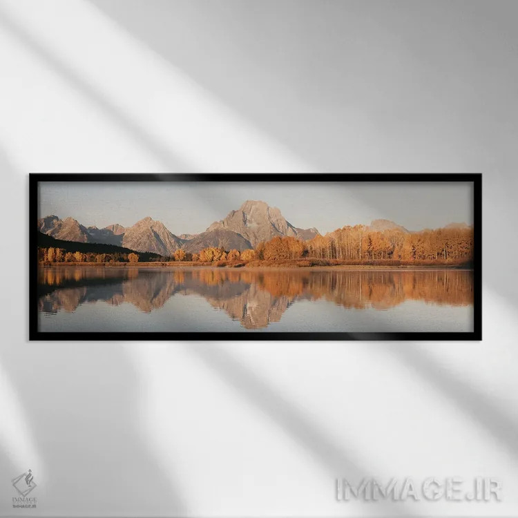 تابلو درختان آسپن پاییزی و بازتاب آب کوه موران با برگهای پاییزی در پارک ملی گرند تتون (غربی) اثر نیچر مجیک (برند یا استودیوی هنری) - نمای قابدار مشکی