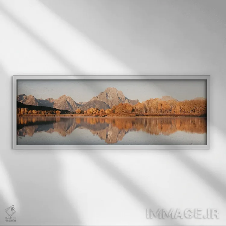 تابلو درختان آسپن پاییزی و بازتاب آب کوه موران با برگهای پاییزی در پارک ملی گرند تتون (غربی) اثر نیچر مجیک (برند یا استودیوی هنری) - نمای قابدار سفید