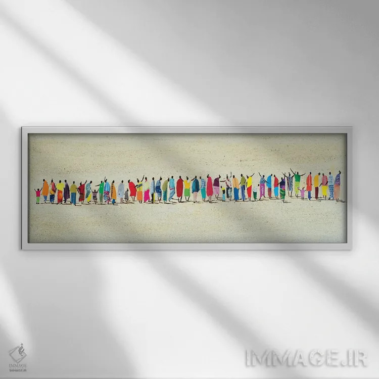 تابلو مردم آفریقایی در صف اثر مارکوس زرین - نمای قابدار سفید