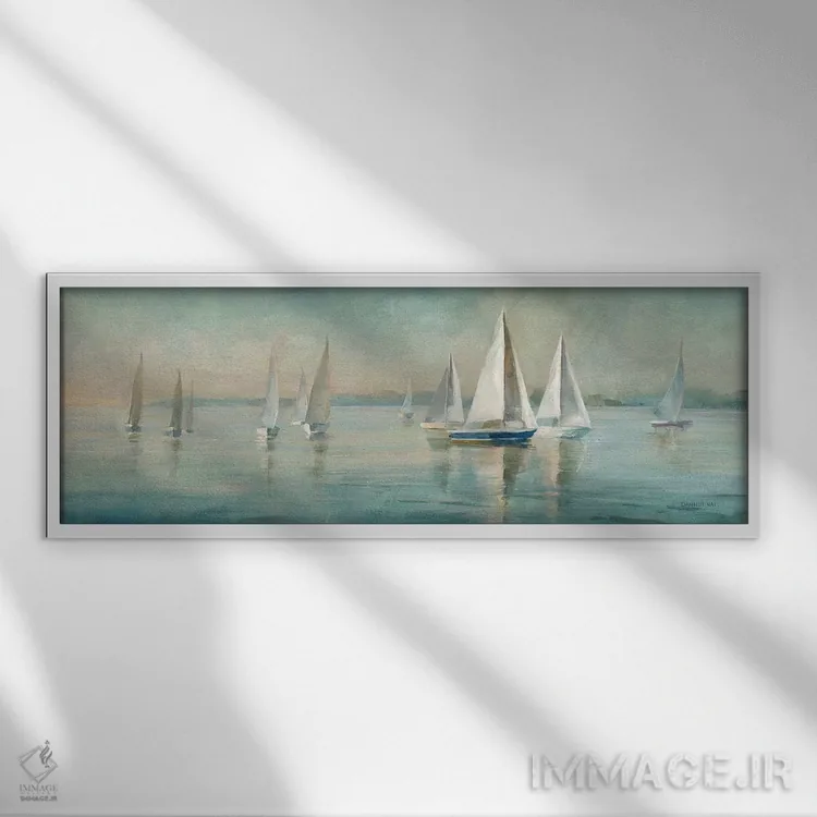 تابلو قایقهای بادبانی هنگام طلوع آفتاب اثر دانهوی نای - نمای قابدار سفید