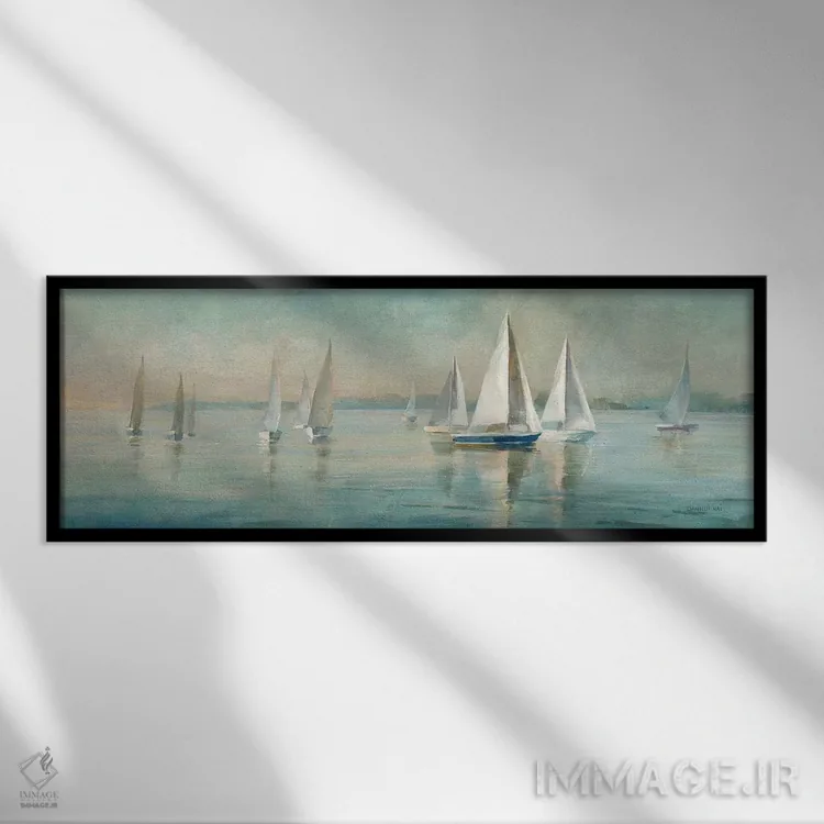 تابلو قایقهای بادبانی هنگام طلوع آفتاب اثر دانهوی نای - نمای قابدار مشکی
