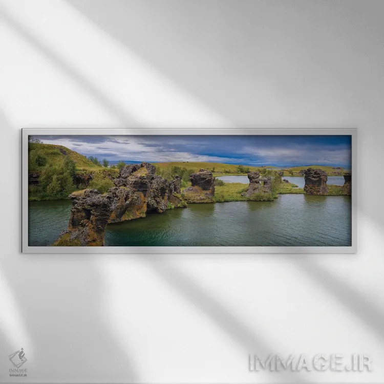 تابلو Rock Formations Created During The Cooling Of A Lava Flow, Hofdi Nature Reserve Europe, Iceland,دودکشهای گدازه، اشکال سنگی ایجاد شده هنگام سرد شدن جریان گدازه، منطقهٔ طبیعی هوفدی، اروپا، ایسلند اثر مارتین زویک - نمای قابدار سفید