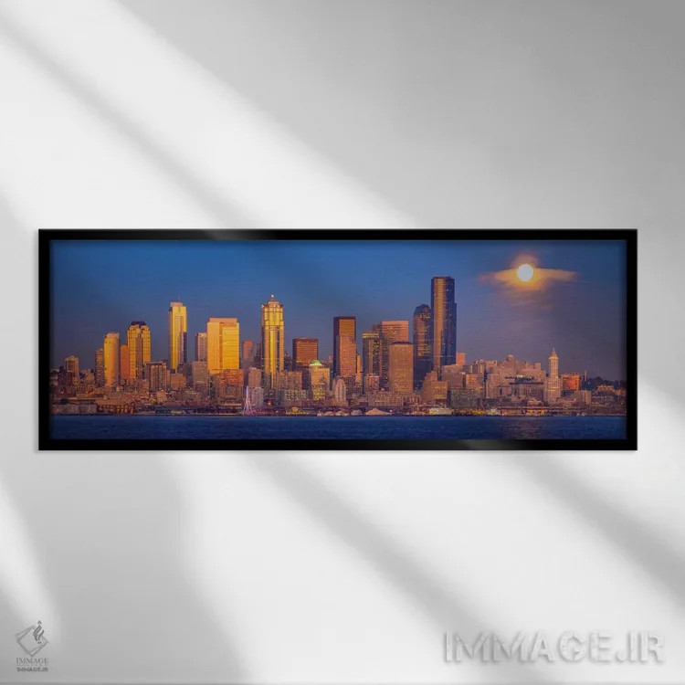 تابلو Seattle, Washington,ماه بر فراز سیاتل، سیاتل، واشنگتن اثر جیم نیلسن - نمای قابدار مشکی