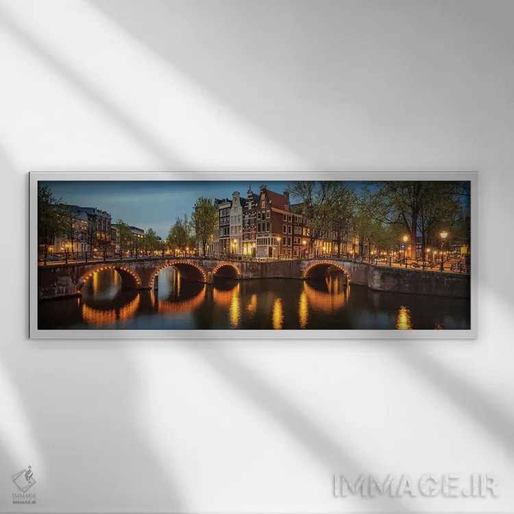 تابلو Amsterdam, The Netherlands,پل نورانی، آمستردام، هلند اثر جیم نیلسن - نمای قابدار سفید