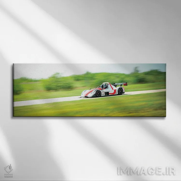 تابلو فرمول ۱ سفید و قرمز در حال حرکت روی پیست اثر نیک ریو - نمای روبهرو روی دیوار