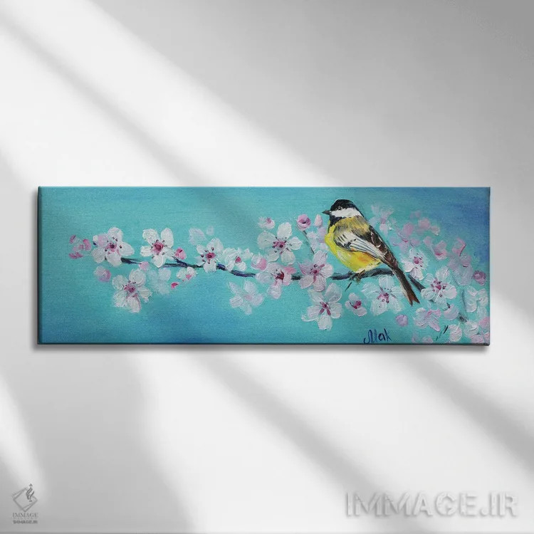 تابلو پرنده روی شاخهٔ شکوفهدار اثر ناتالی مک - نمای روبهرو روی دیوار