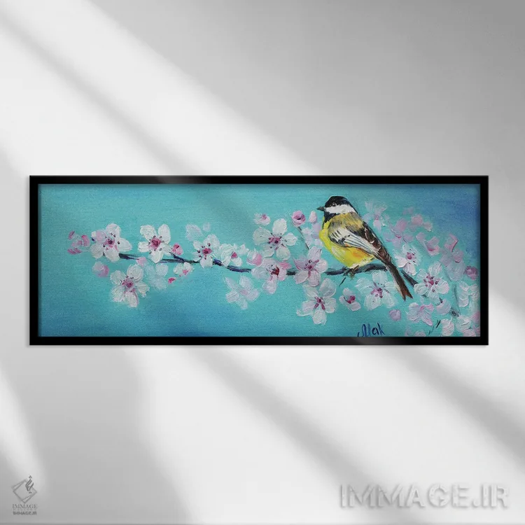 تابلو پرنده روی شاخهٔ شکوفهدار اثر ناتالی مک - نمای قابدار مشکی