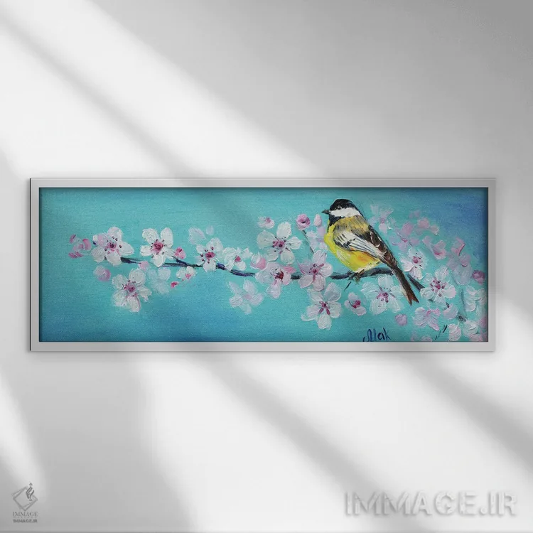 تابلو پرنده روی شاخهٔ شکوفهدار اثر ناتالی مک - نمای قابدار سفید
