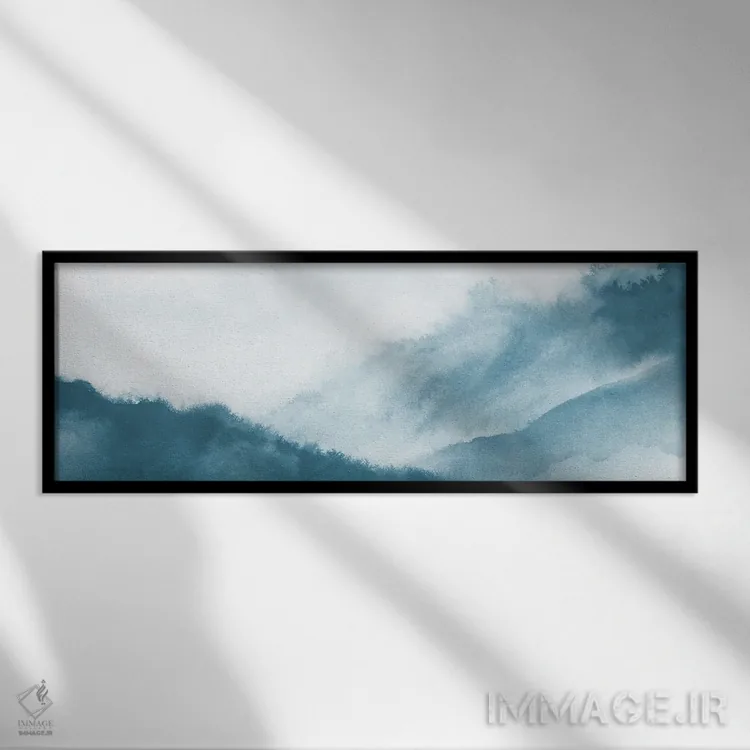 تابلو کوهستان مهآلود با آبرنگ سبز-آبی (teal) اثر نووو پرینتس (چاپ هنری نوین) - نمای قابدار مشکی