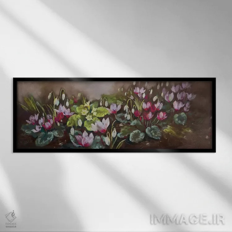 تابلو ژانویه - سیکلامن و گلهای برفی اثر نل واتمور - نمای قابدار مشکی