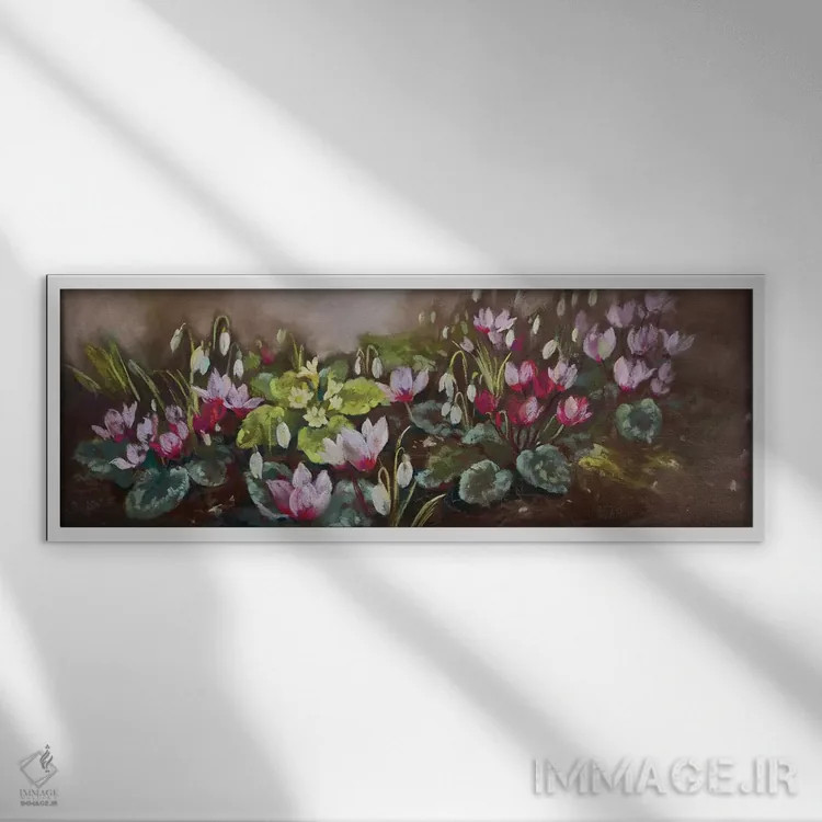 تابلو ژانویه - سیکلامن و گلهای برفی اثر نل واتمور - نمای قابدار سفید