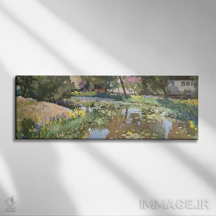 تابلو حوضچهای با نیلوفرهای آبی و زنبقها ۳ اثر نادژدا استوپینا - نمای روبهرو روی دیوار