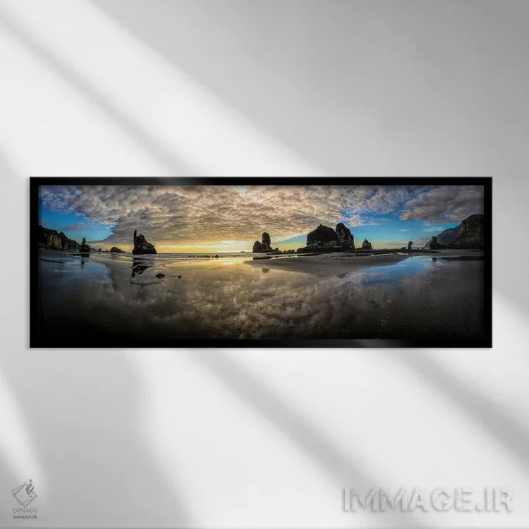 تابلو پیش از غروب در ساحل موتوکیکی، ساحل غربی نیوزیلند اثر اولنا آرت (استودیو هنری) - نمای قابدار مشکی