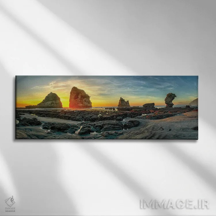 تابلو پانورامای ساحل موتوکیکی در گریماوث، ساحل غربی نیوزیلند درست پیش از غروب اثر اولنا آرت (استودیو هنری) - نمای روبهرو روی دیوار