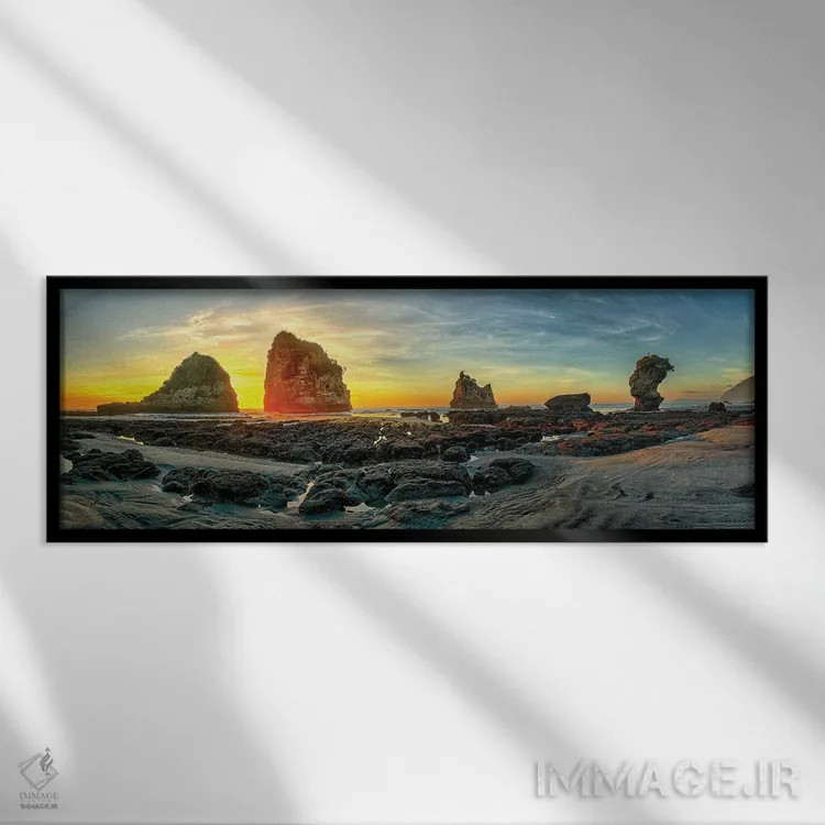 تابلو پانورامای ساحل موتوکیکی در گریماوث، ساحل غربی نیوزیلند درست پیش از غروب اثر اولنا آرت (استودیو هنری) - نمای قابدار مشکی