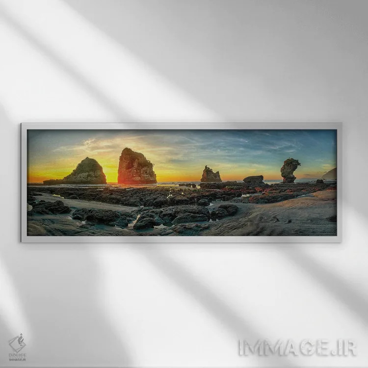 تابلو پانورامای ساحل موتوکیکی در گریماوث، ساحل غربی نیوزیلند درست پیش از غروب اثر اولنا آرت (استودیو هنری) - نمای قابدار سفید
