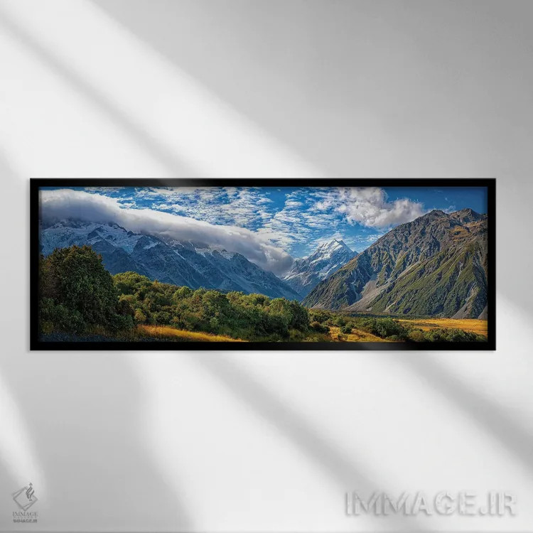 تابلو قله باشکوه کوه کوک در چشمانداز آلپی نیوزیلند اثر اولنا آرت (استودیو هنری) - نمای قابدار مشکی
