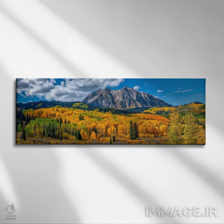 تابلو آرامش کوهستان در رنگهای پاییزی اثر اولنا آرت (استودیو هنری) - نمای روبهرو روی دیوار