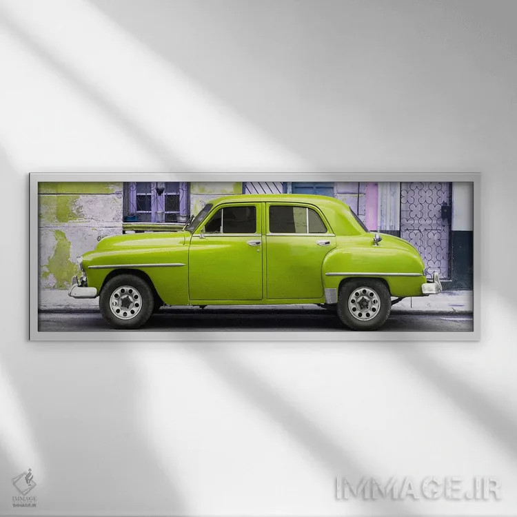 تابلو "خودروی کلاسیک آمریکایی سبز لیمویی" اثر فیلیپ هوگونار - نمای قابدار سفید