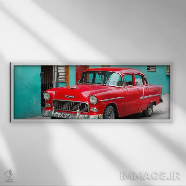 تابلو "خودروی کلاسیک آمریکایی قرمز زیبا" اثر فیلیپ هوگونار - نمای قابدار سفید