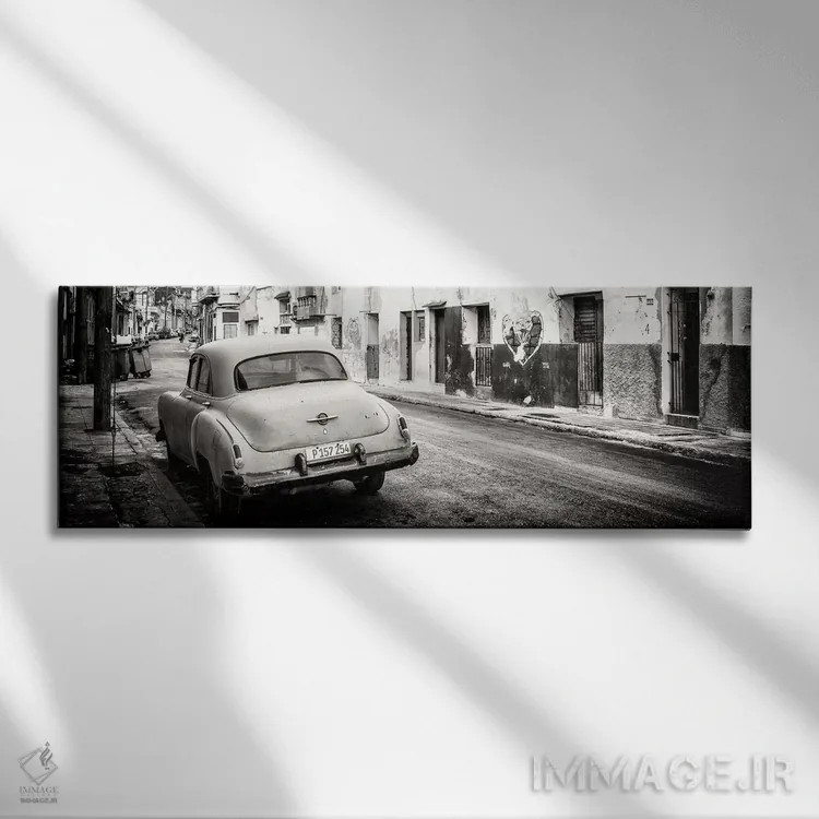 تابلو "خودروی کلاسیک در هاوانا به سیاه و سفید" اثر فیلیپ هوگونار - نمای روبهرو روی دیوار