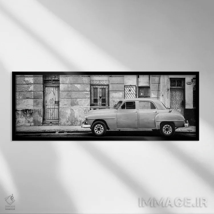 تابلو "خودروی آمریکایی قدیمی در هاوانا به سیاه و سفید" اثر فیلیپ هوگونار - نمای قابدار مشکی