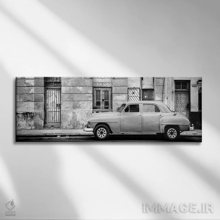 تابلو "خودروی آمریکایی قدیمی در هاوانا به سیاه و سفید" اثر فیلیپ هوگونار - نمای روبهرو روی دیوار