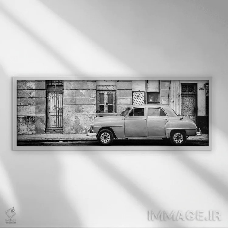 تابلو "خودروی آمریکایی قدیمی در هاوانا به سیاه و سفید" اثر فیلیپ هوگونار - نمای قابدار سفید