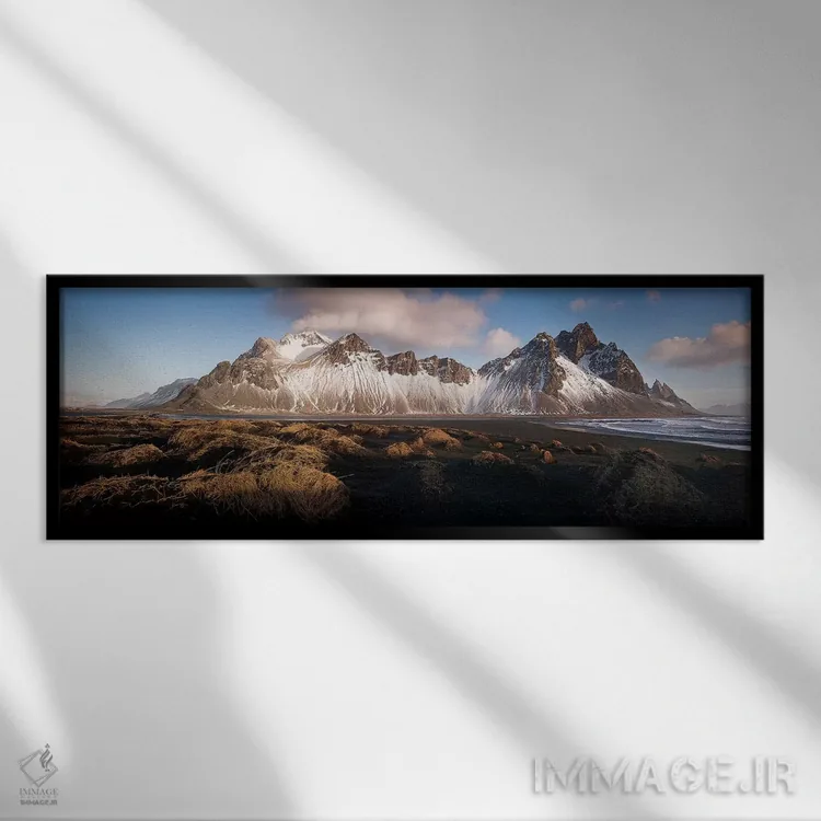 تابلو "نمای پانورامیک کوه استوکنس در ایسلند" اثر فیلیپ منگوئن - نمای قابدار مشکی