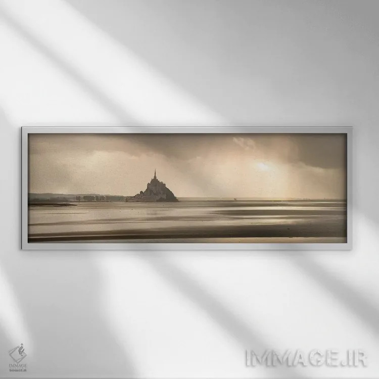 تابلو پانورامیک خلیج مونت سن میشل اثر فیلیپ منگوئن - نمای قابدار سفید