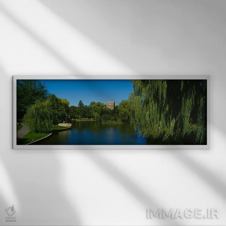 تابلو Boston Public Garden, Boston, Massachusetts, USA" - "دریاچهای در باغ رسمی، باغ عمومی بوستون، بوستون، ماساچوست، ایالات متحده" اثر پانورامیک ایمجز (استودیو عکاسی عریض) - نمای قابدار سفید