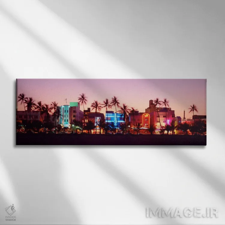تابلو Ocean Drive, Miami Beach, Florida, USA" - "شب، اوشن درایو، میامی بیچ، فلوریدا، ایالات متحده" اثر پانورامیک ایمجز (استودیو عکاسی عریض) - نمای روبهرو روی دیوار