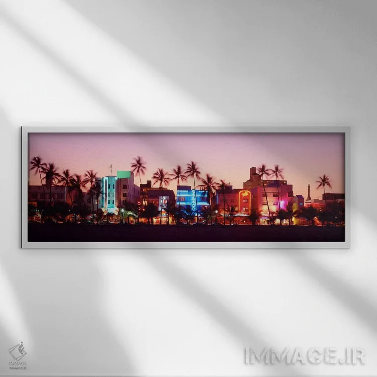 تابلو Ocean Drive, Miami Beach, Florida, USA" - "شب، اوشن درایو، میامی بیچ، فلوریدا، ایالات متحده" اثر پانورامیک ایمجز (استودیو عکاسی عریض) - نمای قابدار سفید