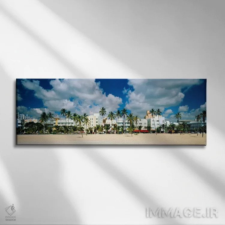 تابلو Art Deco Hotels, Ocean Drive, Miami Beach, Florida, USA" - "هتلها در ساحل، هتلهای آرت دکو، اوشن درایو، میامی بیچ، فلوریدا، ایالات متحده" اثر پانورامیک ایمجز (استودیو عکاسی عریض) - نمای روبهرو روی دیوار