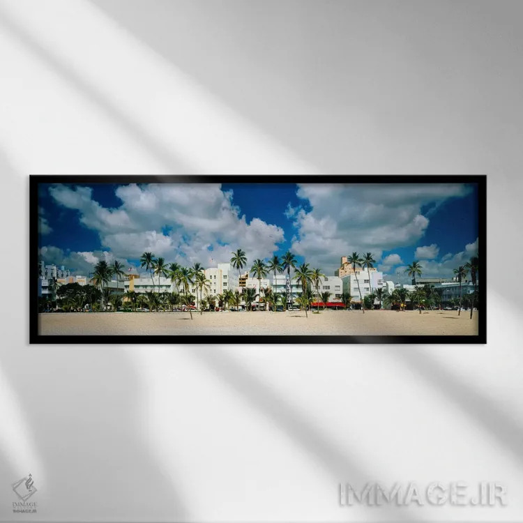 تابلو Art Deco Hotels, Ocean Drive, Miami Beach, Florida, USA" - "هتلها در ساحل، هتلهای آرت دکو، اوشن درایو، میامی بیچ، فلوریدا، ایالات متحده" اثر پانورامیک ایمجز (استودیو عکاسی عریض) - نمای قابدار مشکی
