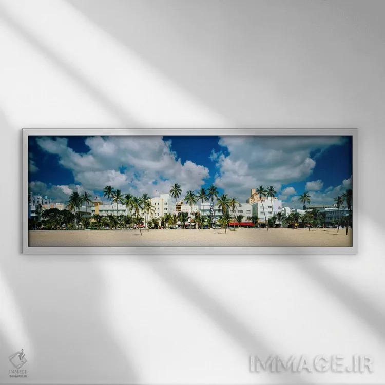 تابلو Art Deco Hotels, Ocean Drive, Miami Beach, Florida, USA" - "هتلها در ساحل، هتلهای آرت دکو، اوشن درایو، میامی بیچ، فلوریدا، ایالات متحده" اثر پانورامیک ایمجز (استودیو عکاسی عریض) - نمای قابدار سفید